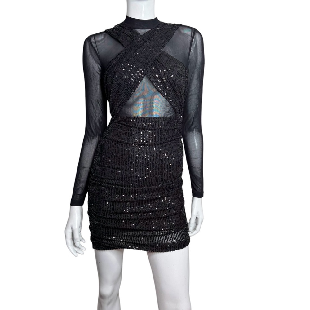 Papaya Sequins Partial‎ Sheer Mesh Long Sleeve Black Bodycon Midi Dress